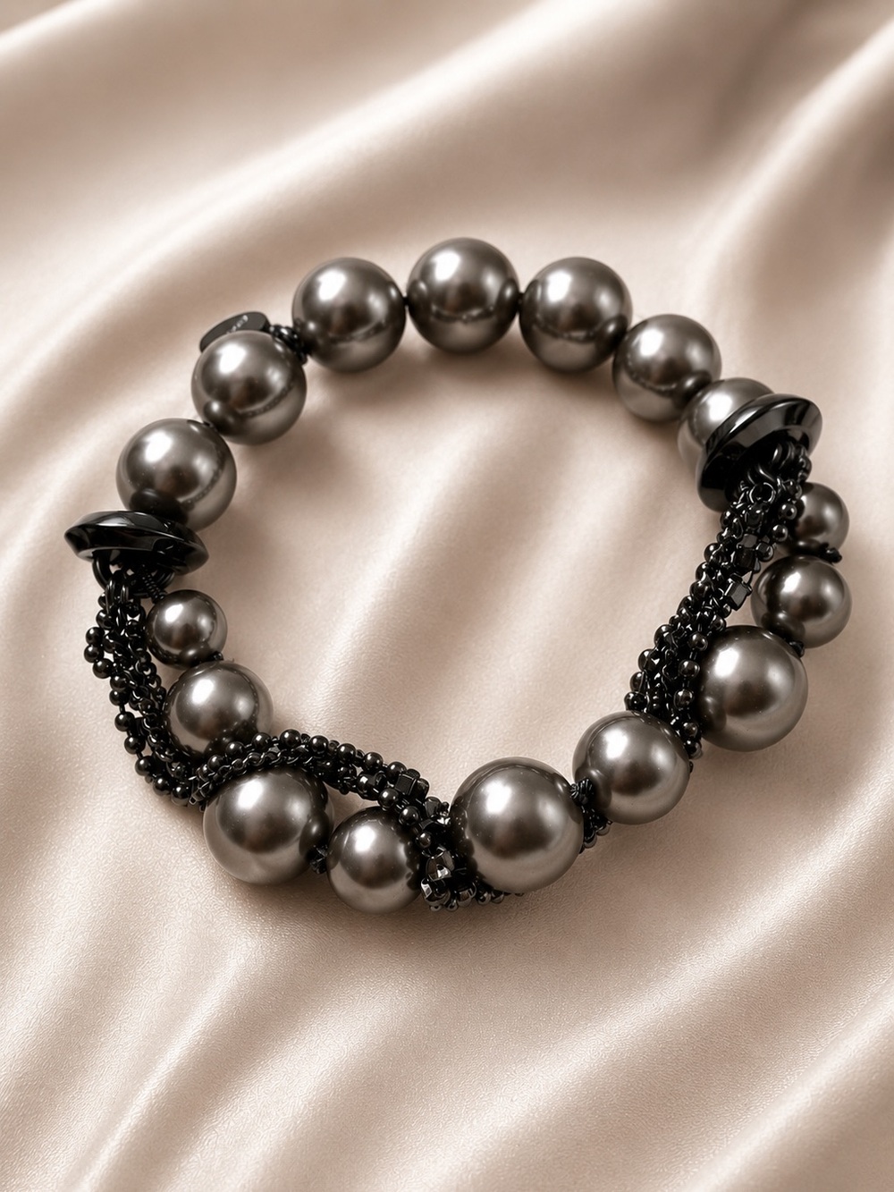 Givenchy Gunmetal Gray Pearl Stretch Bracelet Black Chain Statement Bracelet - Picture 3 of 6